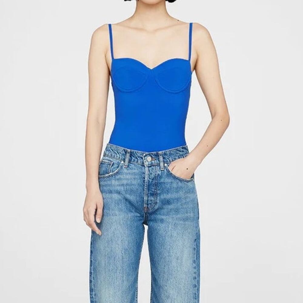 Anine Bing Sport Via Bustier Bodysuit M Blue Sleeveless Active Tank Sleek Fitted